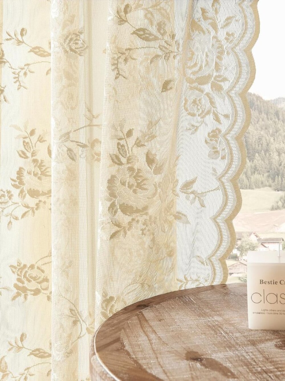 Beige Lace Sheer Curtains 63 Inch Length Country Floral Curtains for Living Room